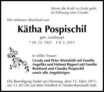 Traueranzeige von Kätha Pospischil von Echo-Zeitungen (Gesamtausgabe)