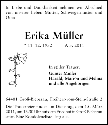 Traueranzeige von Erika Müller von Darmstädter Echo, Odenwälder Echo, Rüsselsheimer Echo, Groß-Gerauer-Echo, Ried Echo