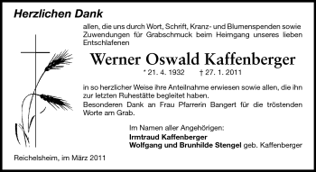 Traueranzeige von Werner Oswald Kaffenberger von Odenwälder Echo