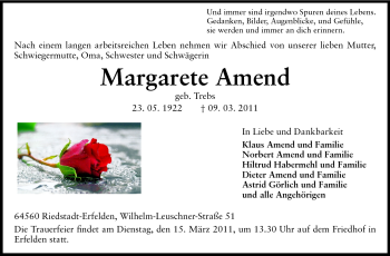 Traueranzeige von Margarete Amend von Echo-Zeitungen (Gesamtausgabe)