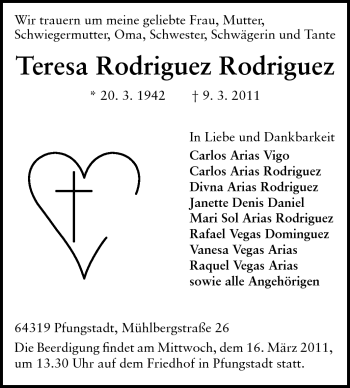 Traueranzeige von Teresa Rodriguez  Rodriguez von Echo-Zeitungen (Gesamtausgabe)