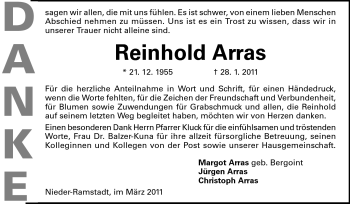 Traueranzeige von Reinhold Arras von Echo-Zeitungen (Gesamtausgabe)