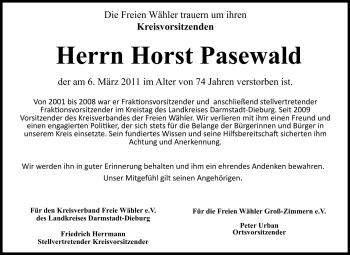 Traueranzeige von Horst Pasewald von Echo-Zeitungen (Gesamtausgabe)