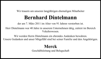 Traueranzeige von Bernhard Dintelmann von Echo-Zeitungen (Gesamtausgabe)