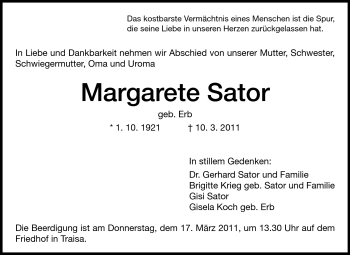 Traueranzeige von Margarete Sator von Echo-Zeitungen (Gesamtausgabe)