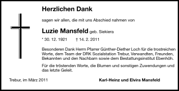 Traueranzeige von Luzie Mansfeld von Rüsselsheimer Echo, Groß-Gerauer-Echo, Ried Echo