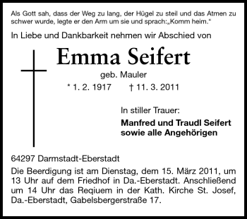 Traueranzeige von Emma Seifert von Echo-Zeitungen (Gesamtausgabe)