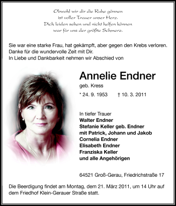 Traueranzeige von Annelie Endner von Rüsselsheimer Echo, Groß-Gerauer-Echo, Ried Echo