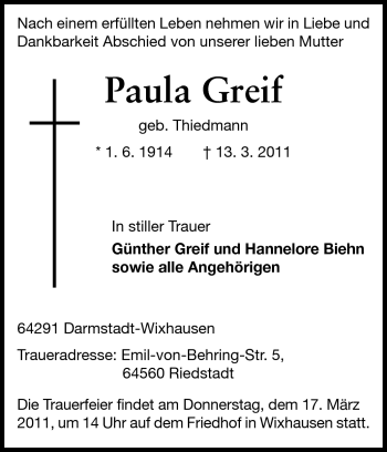 Traueranzeige von Paula Greif von Echo-Zeitungen (Gesamtausgabe)