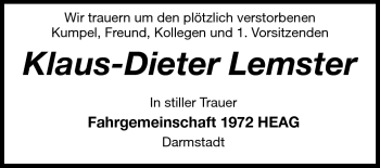 Traueranzeige von Klaus-Dieter Lemster von Darmstädter Echo, Odenwälder Echo, Rüsselsheimer Echo, Groß-Gerauer-Echo, Ried Echo
