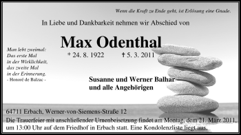 Traueranzeige von Max Odenthal von Odenwälder Echo