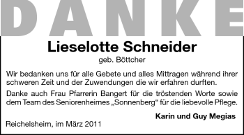 Traueranzeige von Lieselotte Schneider von Odenwälder Echo