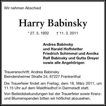 Traueranzeige von Harry Babinsky von Echo-Zeitungen (Gesamtausgabe)