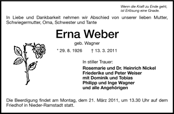Traueranzeige von Erna Weber von Darmstädter Echo, Odenwälder Echo, Rüsselsheimer Echo, Groß-Gerauer-Echo, Ried Echo