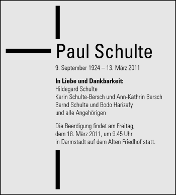 Traueranzeige von Paul Schulte von Darmstädter Echo, Odenwälder Echo, Rüsselsheimer Echo, Groß-Gerauer-Echo, Ried Echo