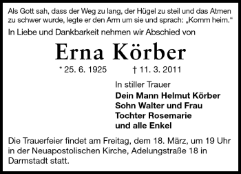 Traueranzeige von Erna Körber von Darmstädter Echo, Odenwälder Echo, Rüsselsheimer Echo, Groß-Gerauer-Echo, Ried Echo