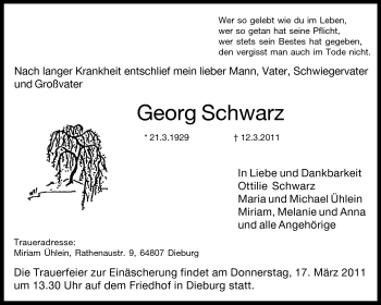 Traueranzeige von Georg Schwarz von Echo-Zeitungen (Gesamtausgabe)