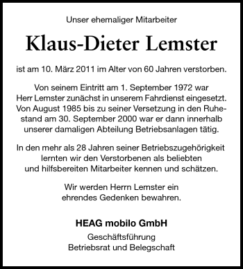 Traueranzeige von Klaus-Dieter Lemster von Echo-Zeitungen (Gesamtausgabe)