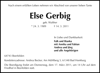 Traueranzeige von Else Gerbig von Odenwälder Echo