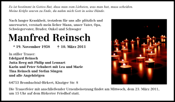 Traueranzeige von Manfred Reinsch von Odenwälder Echo