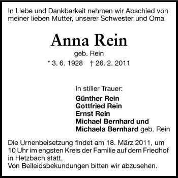 Traueranzeige von Anna Rein von Odenwälder Echo