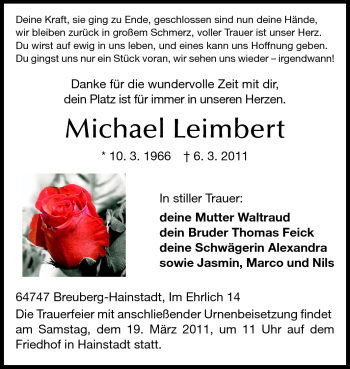 Traueranzeige von Michael Leimbert von Darmstädter Echo, Odenwälder Echo, Rüsselsheimer Echo, Groß-Gerauer-Echo, Ried Echo