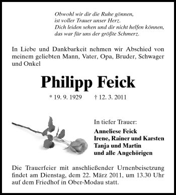 Traueranzeige von Philipp Feick von Darmstädter Echo, Odenwälder Echo, Rüsselsheimer Echo, Groß-Gerauer-Echo, Ried Echo