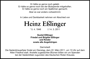 Traueranzeige von Heinz Eßlinger von Echo-Zeitungen (Gesamtausgabe)