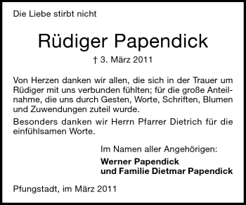 Traueranzeige von Rüdiger Papendieck von Darmstädter Echo, Odenwälder Echo, Rüsselsheimer Echo, Groß-Gerauer-Echo, Ried Echo