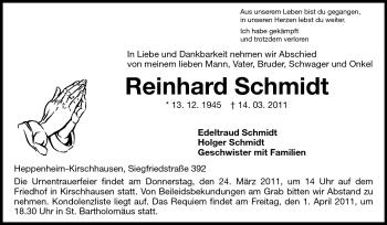 Traueranzeige von Reinhard Schmidt von Starkenburger Echo