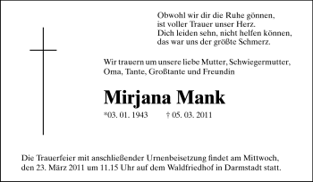 Traueranzeige von Mirjana Mank von Echo-Zeitungen (Gesamtausgabe)