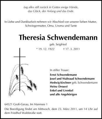 Traueranzeige von Theresia Schwendemann von Rüsselsheimer Echo, Groß-Gerauer-Echo, Ried Echo