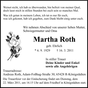 Traueranzeige von Martha Roth von Rüsselsheimer Echo, Groß-Gerauer-Echo, Ried Echo