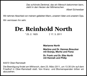 Traueranzeige von Reinhold North von Echo-Zeitungen (Gesamtausgabe)