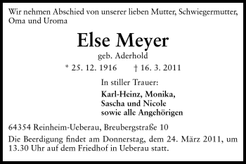 Traueranzeige von Else Meyer von Darmstädter Echo, Odenwälder Echo, Rüsselsheimer Echo, Groß-Gerauer-Echo, Ried Echo