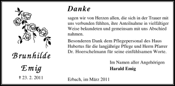 Traueranzeige von Brunhilde Emig von Odenwälder Echo