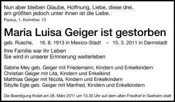 Traueranzeige von Maria Luisa Geiger von Echo-Zeitungen (Gesamtausgabe)