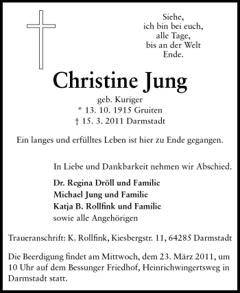 Traueranzeige von Christine Jung von Darmstädter Echo, Odenwälder Echo, Rüsselsheimer Echo, Groß-Gerauer-Echo, Ried Echo