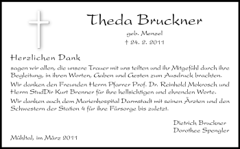 Traueranzeige von Theda Bruckner von Darmstädter Echo, Odenwälder Echo, Rüsselsheimer Echo, Groß-Gerauer-Echo, Ried Echo