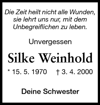 Traueranzeige von Silke Weinhold von Darmstädter Echo, Odenwälder Echo, Rüsselsheimer Echo, Groß-Gerauer-Echo, Ried Echo