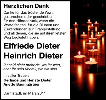 Traueranzeige von Elfriede  Dieter von Darmstädter Echo, Odenwälder Echo, Rüsselsheimer Echo, Groß-Gerauer-Echo, Ried Echo