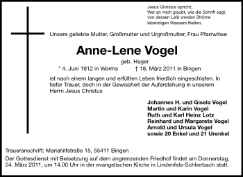 Traueranzeige von Anne-Lene Vogel von Echo-Zeitungen (Gesamtausgabe)