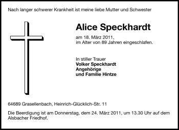Traueranzeige von Alice Speckhardt von Echo-Zeitungen (Gesamtausgabe)