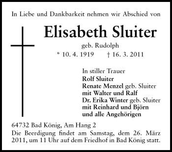 Traueranzeige von Elisabeth Sluiter von Odenwälder Echo