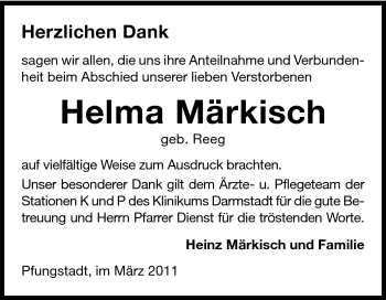 Traueranzeige von Helma Märkisch von Echo-Zeitungen (Gesamtausgabe)