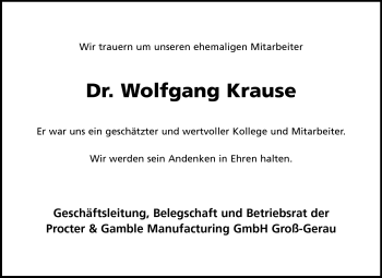 Traueranzeige von Wolfgang Krause von Rüsselsheimer Echo, Groß-Gerauer-Echo, Ried Echo