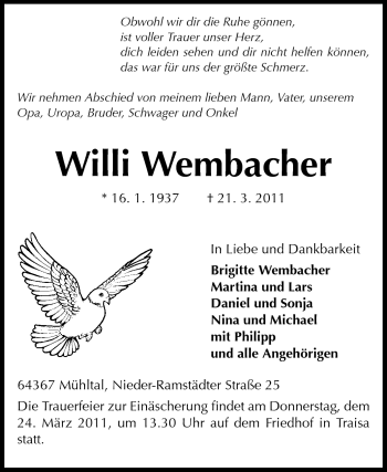 Traueranzeige von Willi Wembacher von Echo-Zeitungen (Gesamtausgabe)