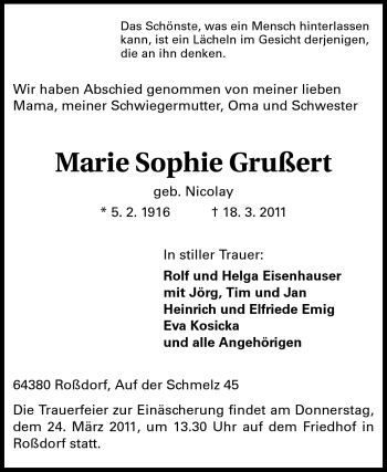 Traueranzeige von Marie Sophie Grußert von Echo-Zeitungen (Gesamtausgabe)