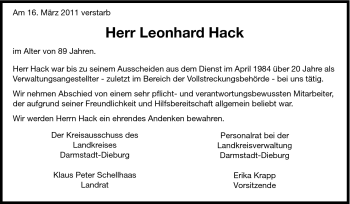 Traueranzeige von Leonhard Hack von Echo-Zeitungen (Gesamtausgabe)