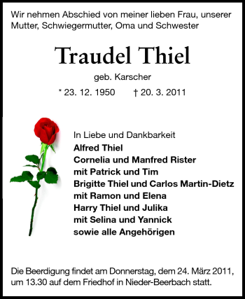 Traueranzeige von Traudel Thiel von Echo-Zeitungen (Gesamtausgabe)